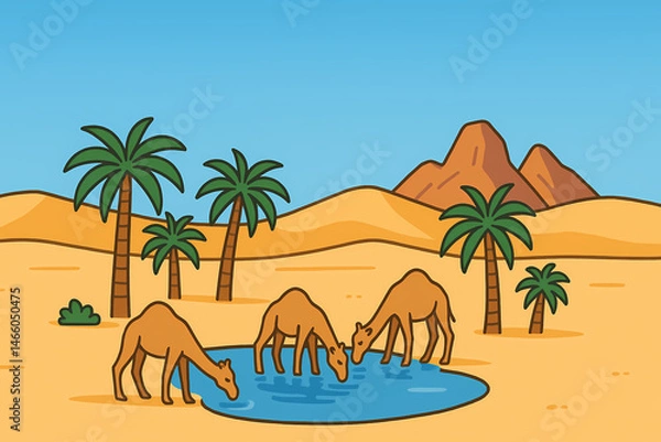 Fototapeta Desert oasis illustration depicts three camels drinking from a clear pool, surrounded by stylized palm trees on sandy terrain. Simple mountains rise in the background under a bright blue sky.