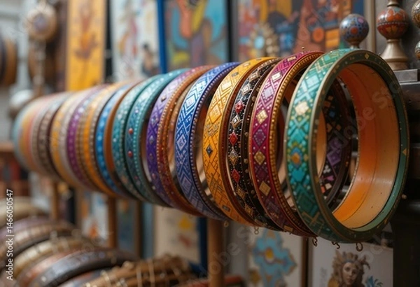 Fototapeta Colorful handcrafted Turkish bracelets and rings displayed in an Istanbul bazaar stall.
