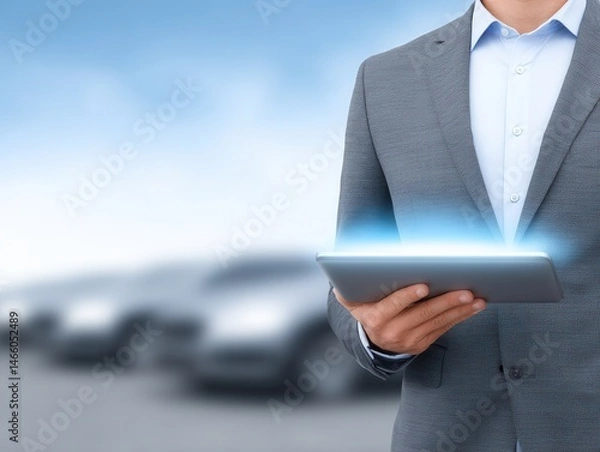 Fototapeta A businessman in a suit holds a glowing tablet, with blurred cars in the background, symbolizing modern technology and business solutions.