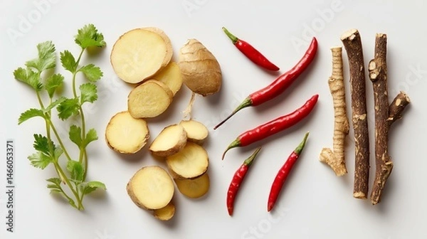 Fototapeta Fresh vegetables and herbs add color A vibrant display of fresh herbs and spices, including ginger, chili, and cilantro, perfect for enhancing culinary creations.