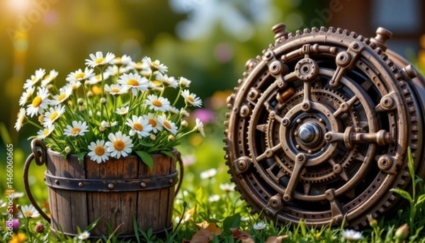 Fototapeta imagine a mesmerizing scene where rustic springtime charm meets the intricate world of steampunk in a harmonious blend of nature and machinery, in the foreground
