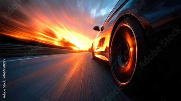 Fototapeta Fast car on a highway at sunset.