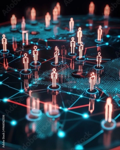 Obraz Connected people network on world map for social connections or global business, 3D render