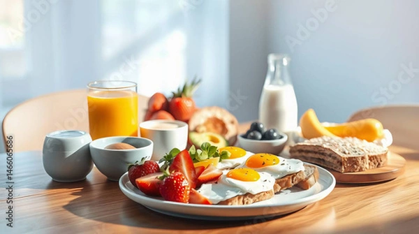 Fototapeta "Healthy Breakfast Spread with Juice, Milk, Scrambled Eggs, and Avocado Toast - 8K High-Resolution"

