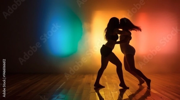 Fototapeta Silhouette of Two Dancers Embracing Amidst Colorful Lights in a Softly Lit Studio Environment