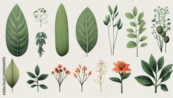 Fototapeta Botanical Illustration of Various Leaves and Plants – Nature Clipart Collection
