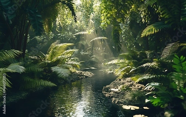 Fototapeta Sunlight beams through dense jungle foliage, illuminating a flowing river lined by lush plants