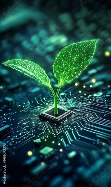Fototapeta Green plant with glowing leaves emerges from the computer chip in this scene
