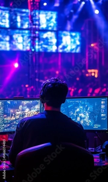 Fototapeta Back view of a gamer watching the monitors amidst the intense crowd lights show