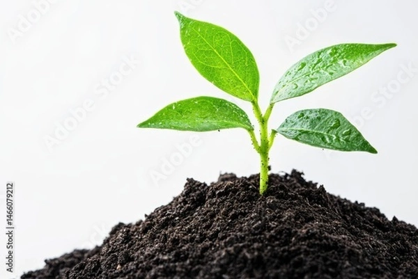 Fototapeta Small plant growing from a mound of dark soil on a white backdrop