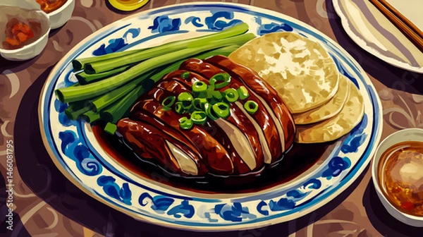 Fototapeta Elegant Peking Duck Served with Pancakes Hoisin Sauce and Scallions on Ornate Porcelain in Luxurious Chinese Banquet Style.