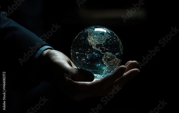 Fototapeta Businessman holding a digital earth with global network and social media icons on a dark background, showing the concept of technology for online business or e-commerce