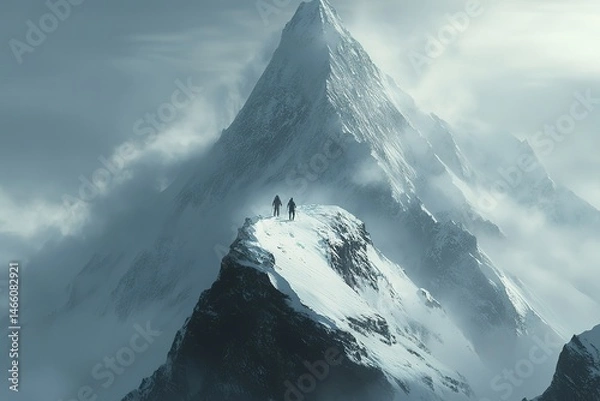 Fototapeta Cinematic shot of two hikers standing on the top of a snow-covered mountain peak, with another large, snowy, and misty mountain in the background. A beautiful landscape