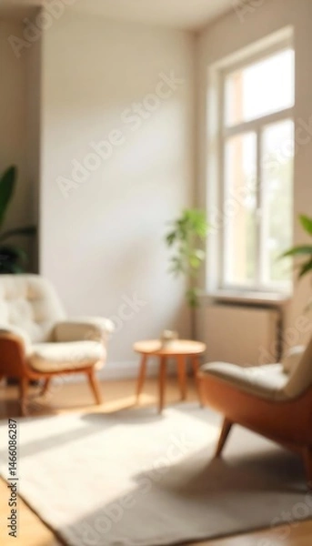 Fototapeta Generative AI Muted Interior Scene, Soft Focus on Cozy Armchairs and Sunlight