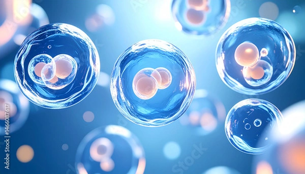Fototapeta Cell division in biology shows multiplying cells with fluid and transparent membranes in blue background, illustrating growth and life in scientific and dynamic way
