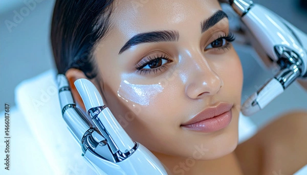 Fototapeta Firefly robotic arm gently applying sunscreen to womans face with facial scan holograms in futuristic spa setting, showing smooth skin and advanced skincare technology