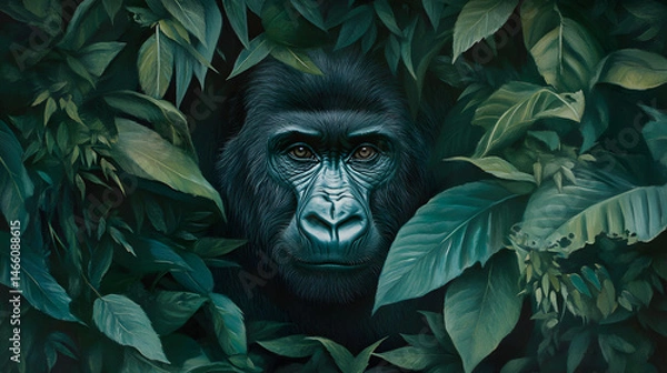 Fototapeta A gorilla is standing in a jungle with green leaves and trees