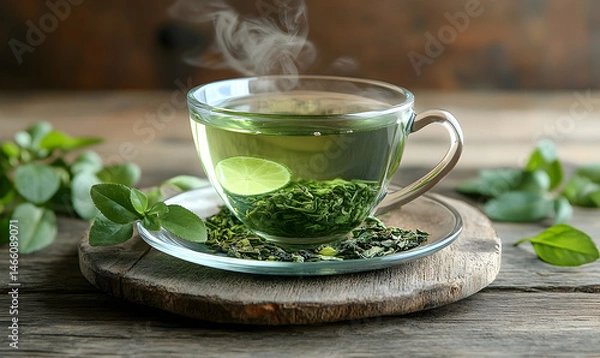 Fototapeta Steaming green teacup fresh leaves tranquil scene