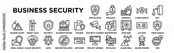 Fototapeta Business Security icon set. Editable Stroke Icon Collection. Shield Lock, Padlock, Firewall, Cyber Shield, Key, Security Camera, Data Encryption, Safe Box, ID Card, Virus Shield, Hacker Alert, Smart L