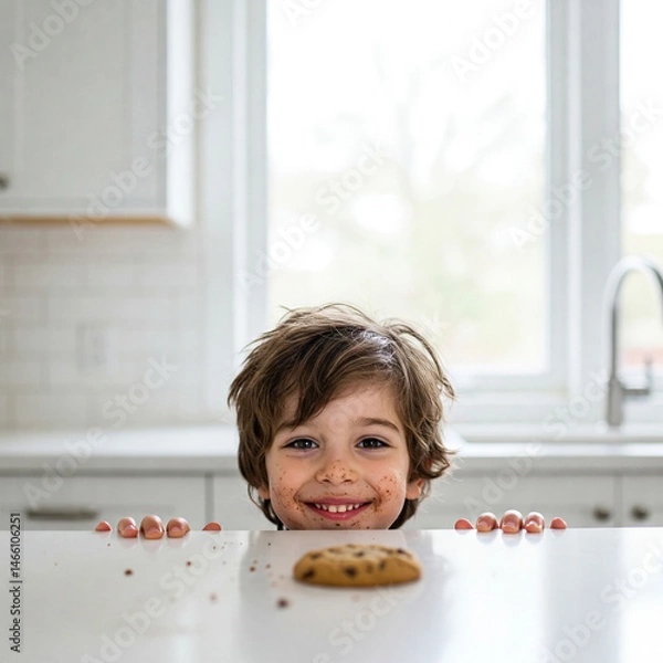 Obraz A mischievous kid peeking over the kitchen counter with cookie crumbs on their face, caught red-handed. Highlight their guilty-but-proud expression with soft window light.
