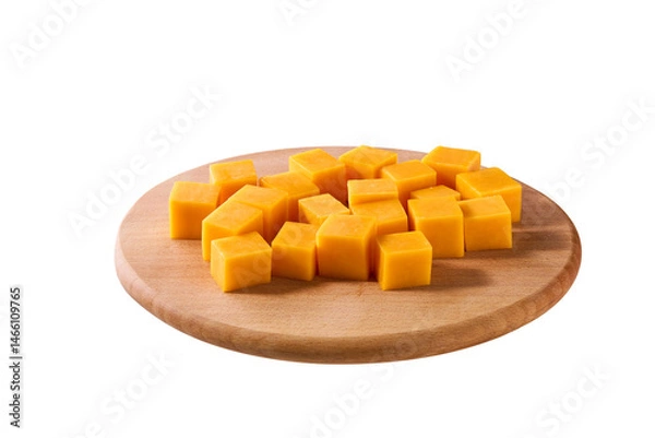 Fototapeta cutting board with cubes of cheddar cheese isolated on a white background.
