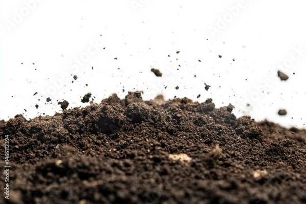 Fototapeta Close view of dark brown soil with small dirt particles flying upwards