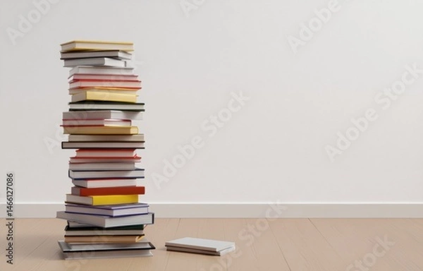 Fototapeta Tall stack of colorful books against a plain white wall, a smaller book rests on the floor. Learning, knowledge, and education concept.