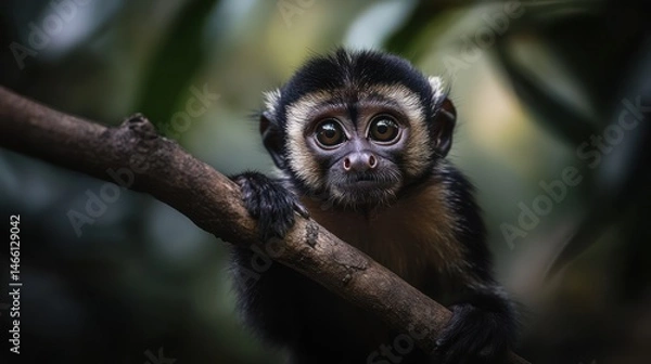 Fototapeta Close-up of a young monkey, perched on a branch, in a lush, natural setting.  Eyes are large and expressive, showcasing a curious and attentive gaze