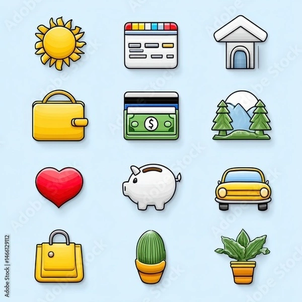 Fototapeta Cheerful Pixel Art Icon Set Sun, House, Car and More on Light Blue