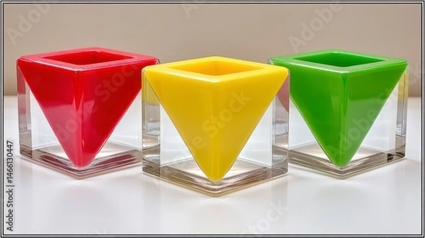 Fototapeta Close Up of Red Yellow and Green Translucent Square Containers with Pyramid Shapes