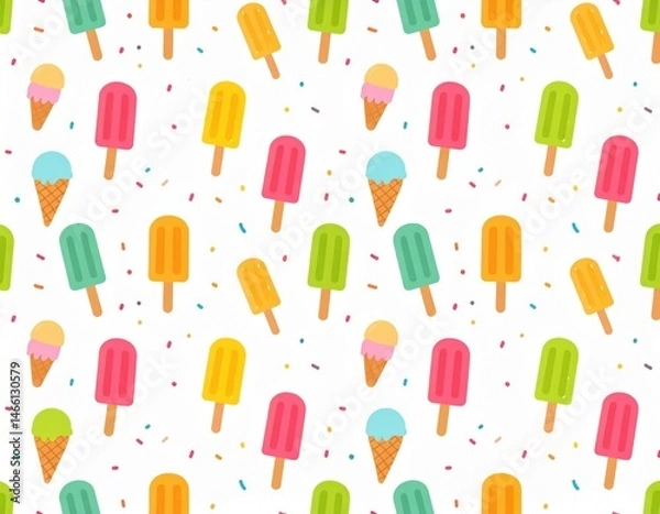 Fototapeta A cheerful seamless pattern displays colorful cartoon popsicles and ice cream cones scattered amongst confetti on a white background, evoking a summery and fun vibe.