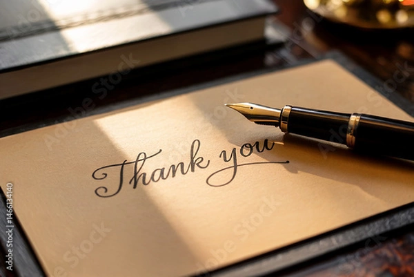 Obraz Thank You text in elegant calligraphy writing on beige paper. A black and gold fountain pen rests on the right side of the paper. Selective focus.