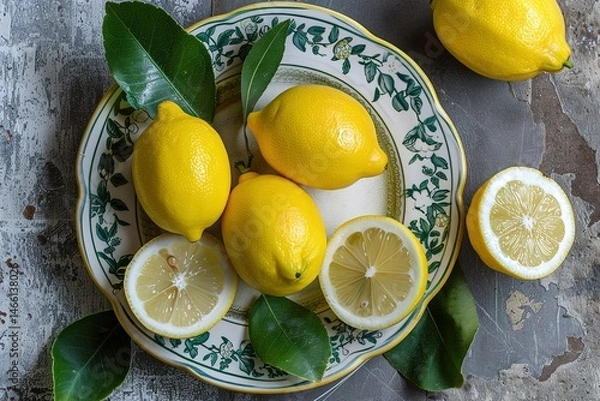Obraz Vibrant yellow lemons arranged artfully on a vintage floral plate with green leaves
