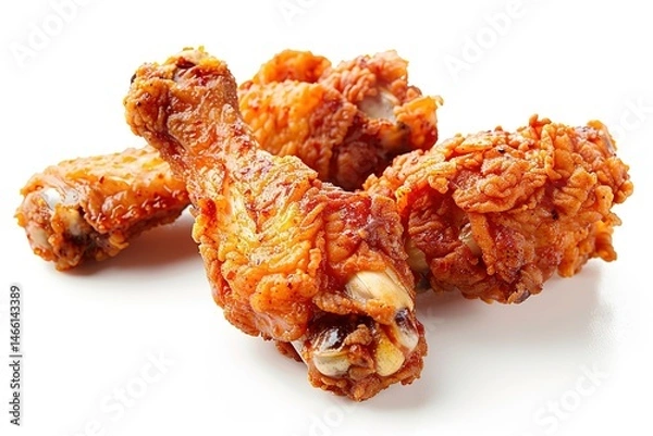 Fototapeta Crispy fried chicken pieces golden and delicious arranged on a white surface