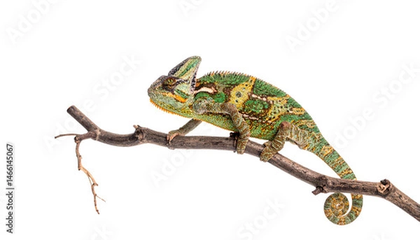 Fototapeta Chameleon on a dry branch floating on transparent background.