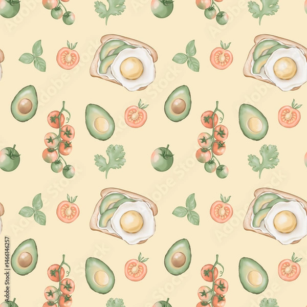 Fototapeta Seamless pattern with egg toast, avocados and tomatoes