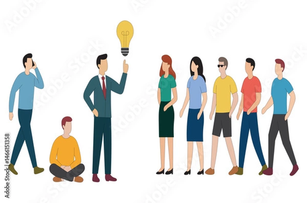 Fototapeta Group of Characters with Leader Showing Lightbulb Innovation and Teamwork Art. Leadership and Creativity Illustration Businessman Holding Lightbulb Idea. 