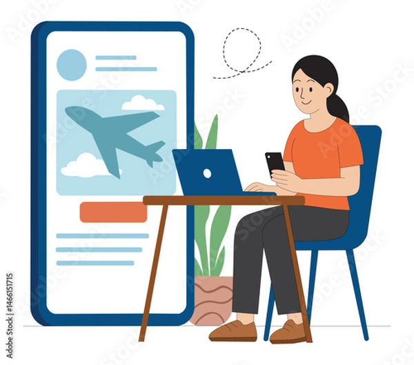 Fototapeta Flight Booking Vector Illustration Girl Using Mobile and Laptop to Plan Travel. Woman Booking Flight Online Travel App Concept with Laptop and Phone.