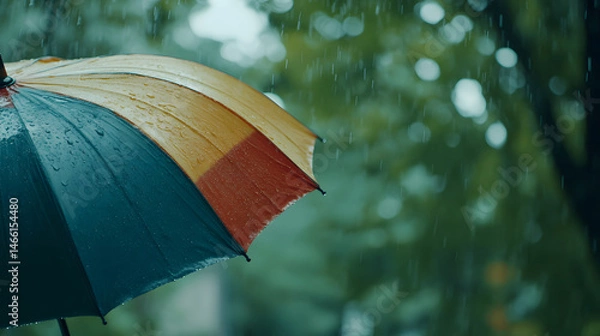 Fototapeta Mid-range view of colorful umbrella tilted during rainfall with visible droplets bouncing off surface, capturing seasonal weather energy and vibrant outdoor textures in rainy backdrop
