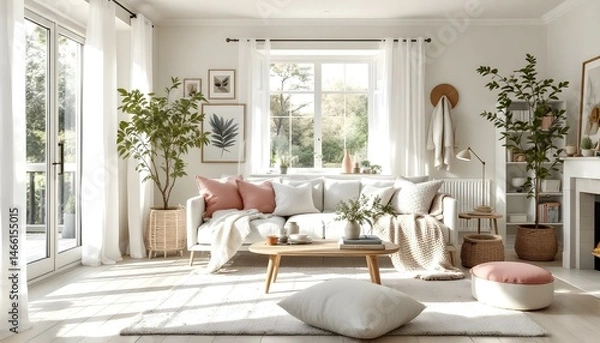 Fototapeta Scandinavian style living room with light wood furniture, soft pastel accents, large windows with sheer curtains, and cozy textiles like knitted throws and cushions.