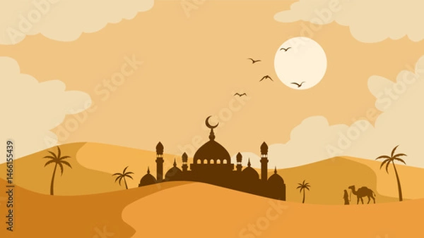 Fototapeta Landscape of mosque in the desert scenery for Ramadan. Panoramic view of sandy desert with muslim walking alongside camel. Vector illustration of scenic arabian desert for Ramadan Mubarak celebration