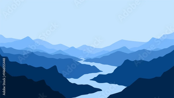 Fototapeta Landscape of a river in mountains scenery. Panoramic view of mountain range with a river flowing through it. Vector illustration of scenic landscape with river winding between majestic mountain range