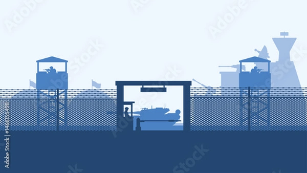 Fototapeta Landscape silhouette of military base scenery. Panoramic view of headquarter with military building and hangar. Vector illustration of scenic military bunker with tank and watchtower