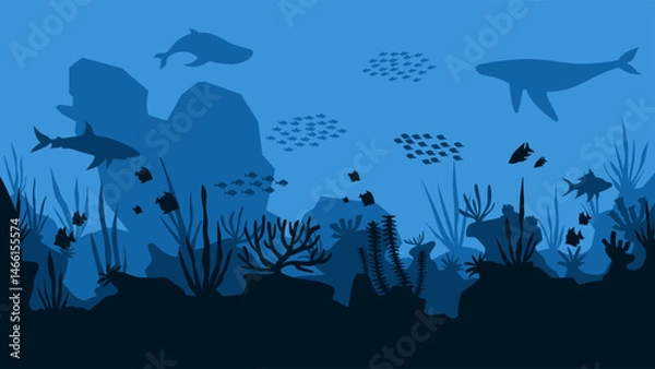 Fototapeta Underwater landscape of shipwreck with coral reefs scenery. Panoramic view of undersea with fishes and sunken ship. Vector illustration of scenic seascape with aquatic ecosystem and marine vegetation