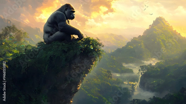 Fototapeta A gorilla is on top of a mountain with a purple sky in the background