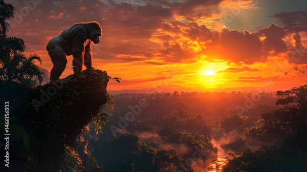 Fototapeta A gorilla is on top of a mountain with a purple sky in the background