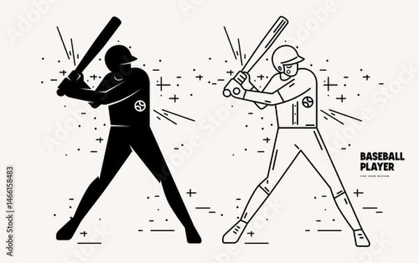 Obraz illustration of a baseball batter. Thin line and black silhouette graphic style for your design. Black print on white background