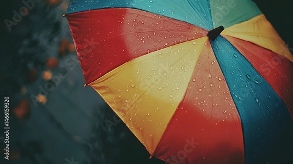 Fototapeta Mid-range view of colorful umbrella tilted during rainfall with visible droplets bouncing off surface, capturing seasonal weather energy and vibrant outdoor textures in rainy backdrop