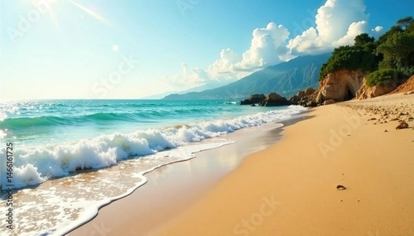 Fototapeta Golden sand beach, gentle waves lapping shore, shoreline, orange, seaside