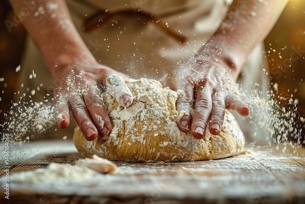 Obraz Hands kneading dough covered with flour on a wooden surface baking concept